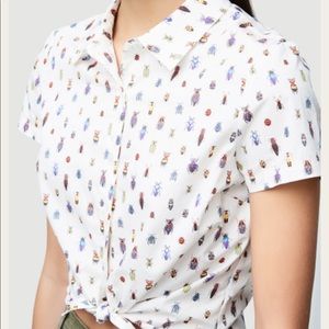 FRAME Shrunken Short Sleeve Shirt Insect Bug Print White Size S Button-Down
